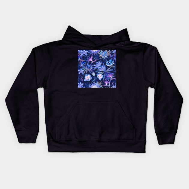 Tropical floral blue lilac repeating pattern Kids Hoodie by LeanneTalbot